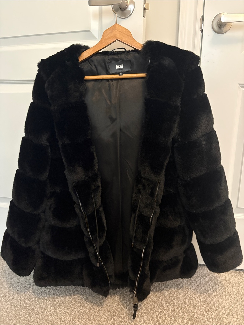 DKNY Black Faux-Fur Hooded Puffer Coat - XS
